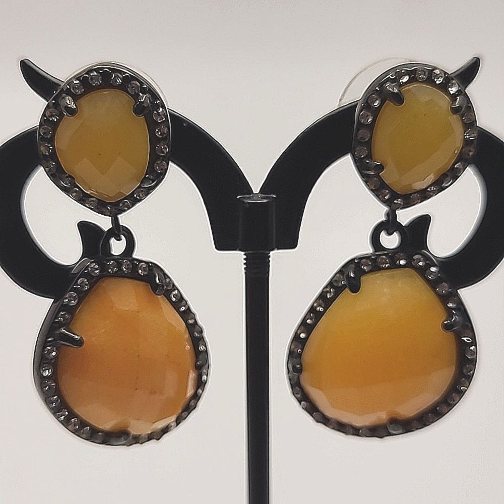 Orange Agate, Austrian Crystal Earrings in ION Plated Black Stainless St…